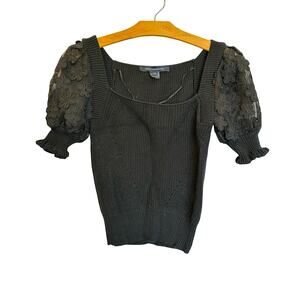 French Connection Juliet Mozart Caballo Sweater Black Fairy Floral Puff Sleeve